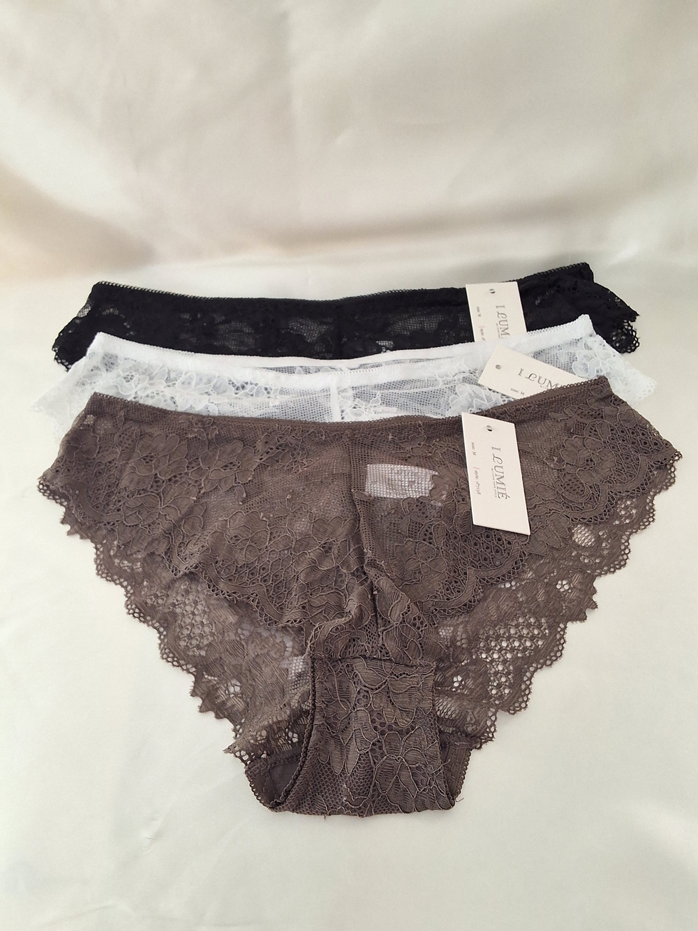 Lacette Lace Bikini Panty Trio — Brown, White & Black